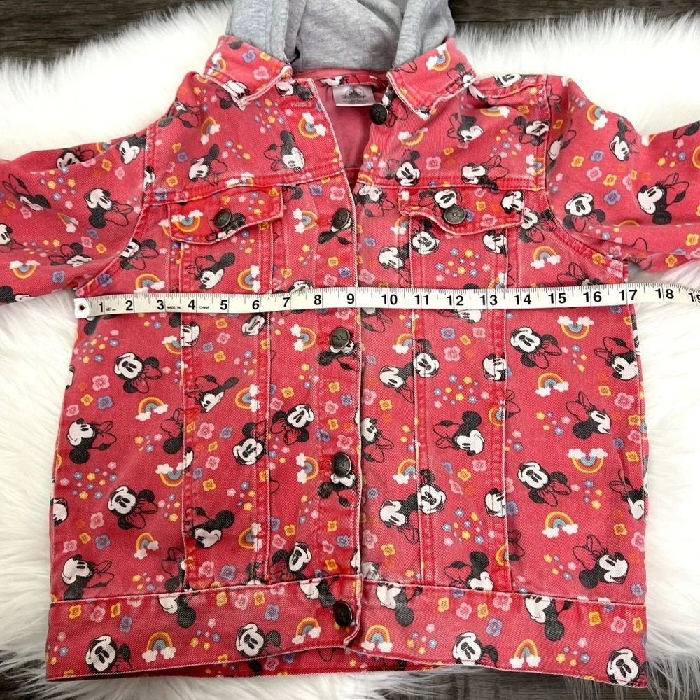 🔹sold🔹Disney Youth 9 10 Minnie Mouse Rainbows Denim Jean Jacket Hooded Ears - Picture 7 of 9